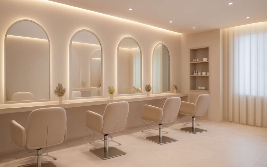 Stunning beauty salon panorama reveals chic serenity and timeless style.