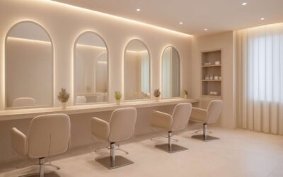 Stunning beauty salon panorama reveals chic serenity and timeless style.